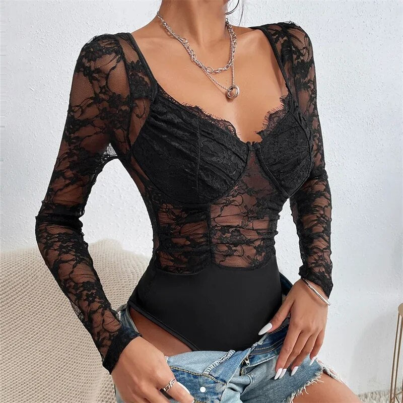 Deep-V Neck Lace Thong Bodysuit